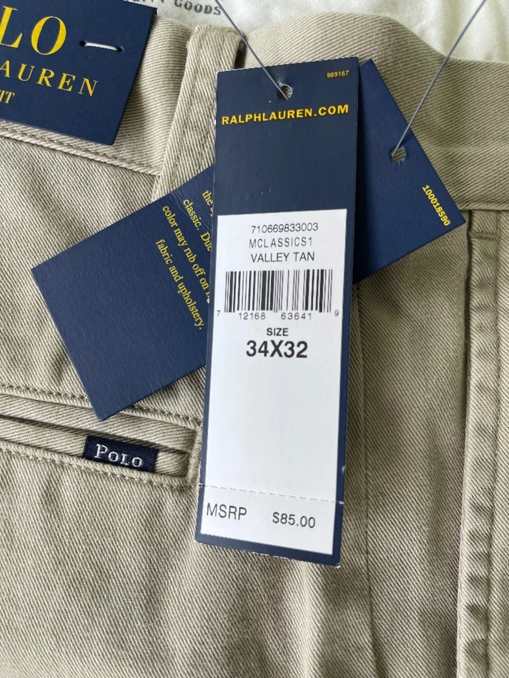 Polo Ralph Lauren Chino Pants Khaki Classic Fit Mens Size 34x32 NWT - Picture 12 of 12